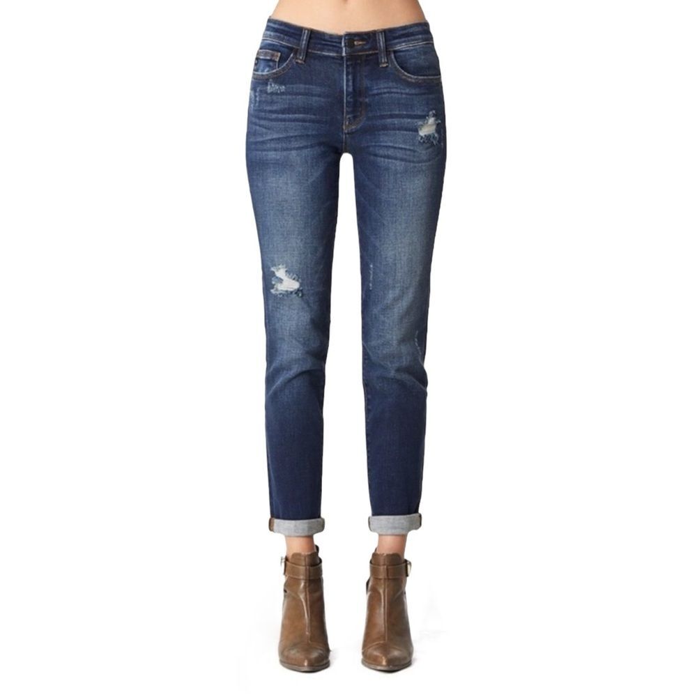 Judy Blue Slim Tapered Jeans Dark Wash Distressed Denim Straight Leg Size 26 | 2